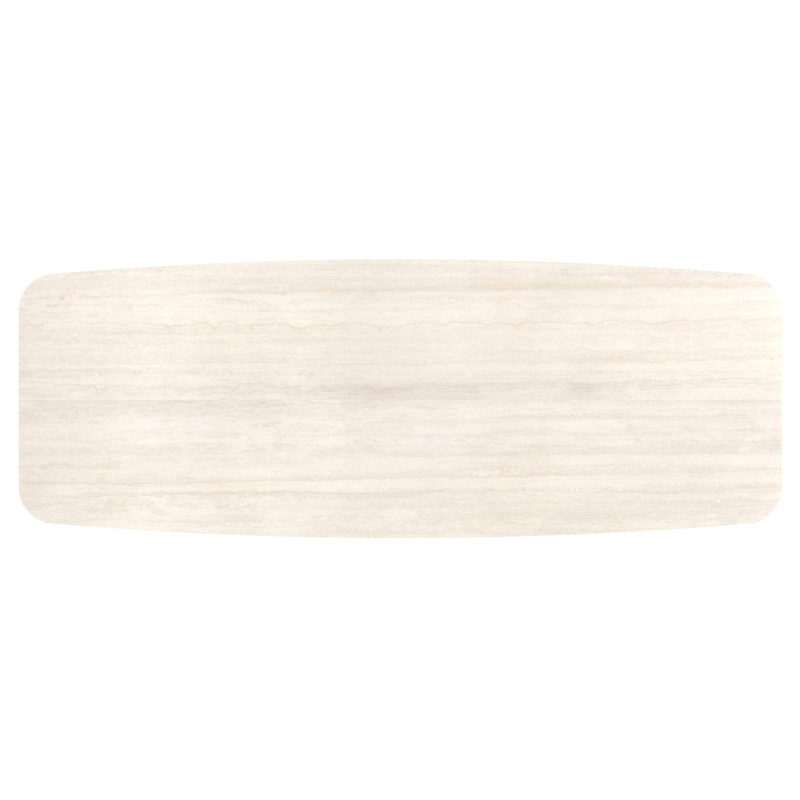 Table de jardin Pagino forme de bateau en aluminium beige et céramique pleine Travertino Bianco - Lg. 315 x Lrg. 115 x Haut. 73 cm