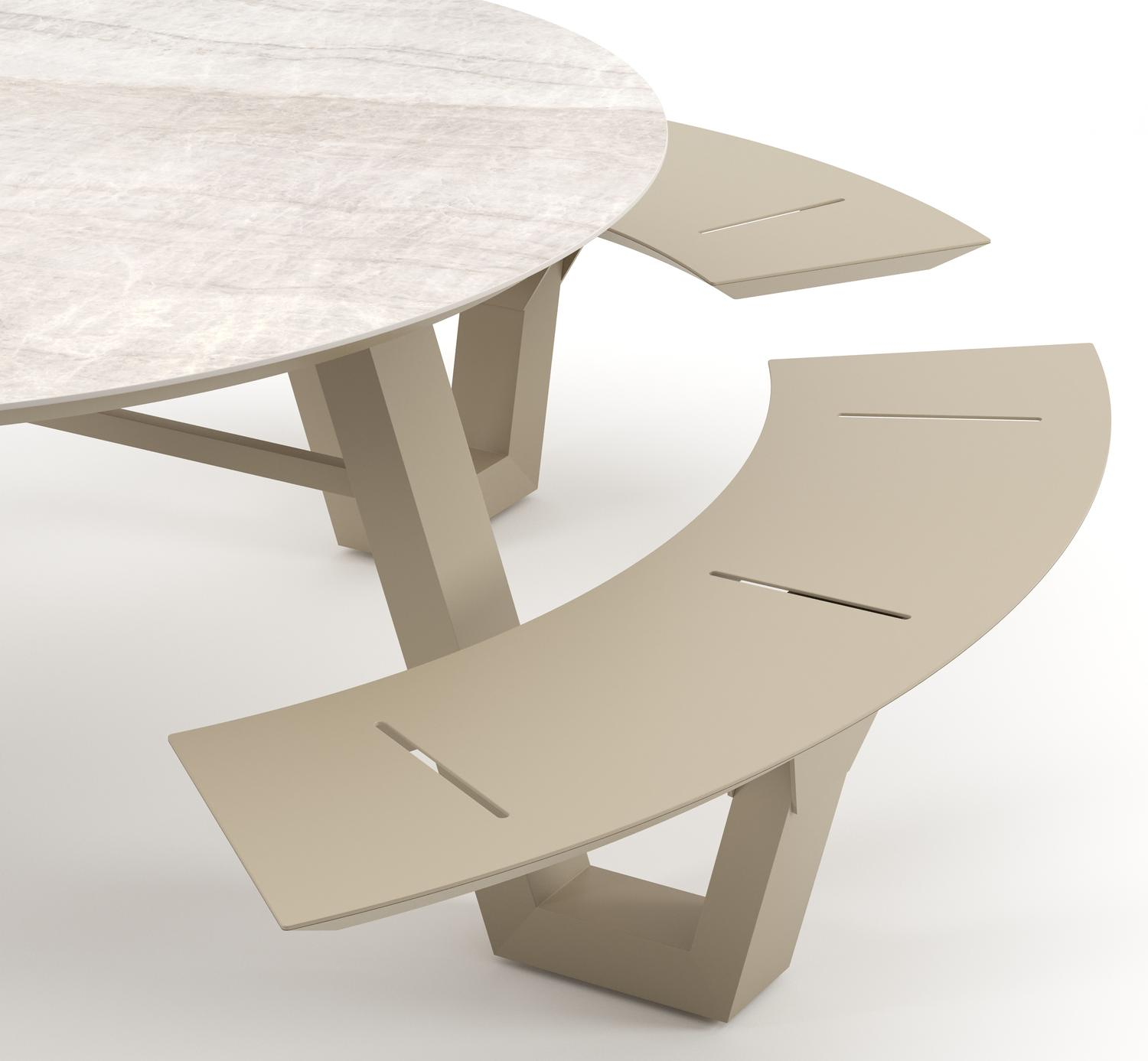 Table de pique-nique Rondino ronde en aluminium beige et céramique pleine Taj Mahal - Diam. 148 x Haut. 71.5 cm