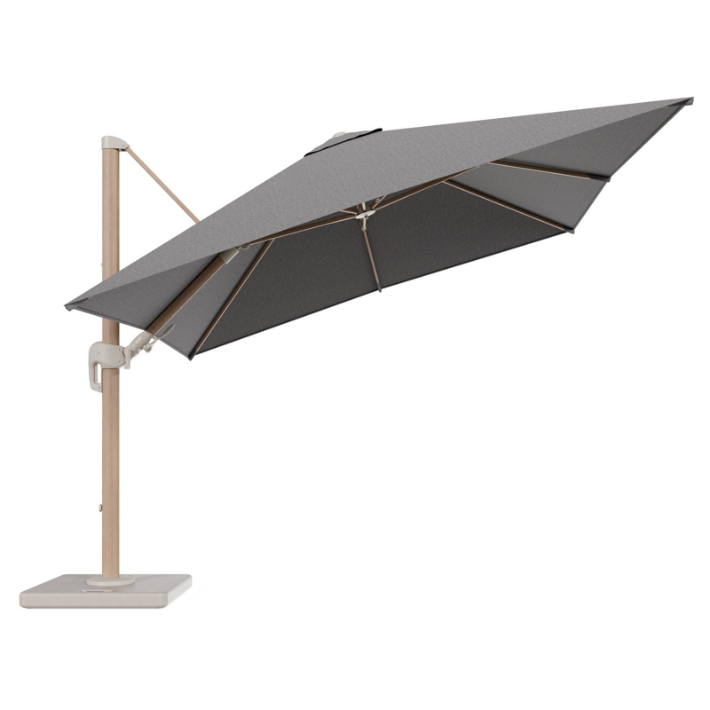 Rufina zweefparasol tiltfunctie in houtlook aluminium en parasoldoek in All Weather Sunbrella® Luxe Chartres Drizzle - L1 300 x L2 300 cm met parasolvoet Lapido 120 kg