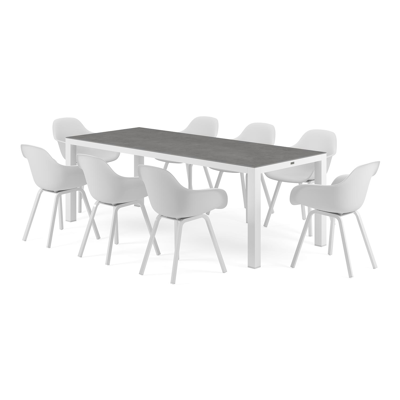 Ensemble de jardin Varese en aluminium blanc avec plateau de table en céramique pleine gris et 8 chaises de jardin Puglia