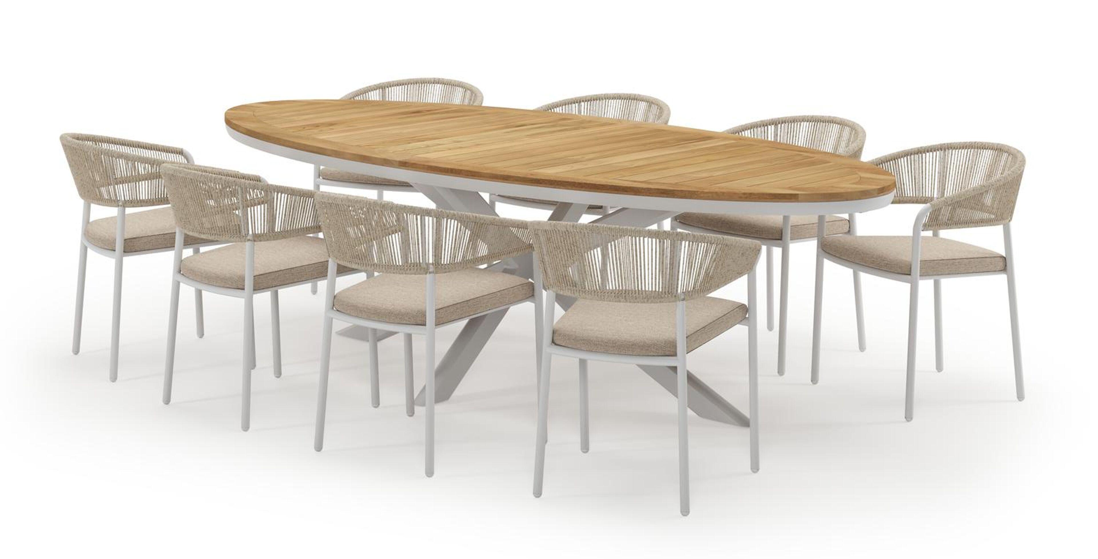 Pamplona ovale tuinset in wit aluminium en teak natural finish met 8 Zamora tuinstoelen
