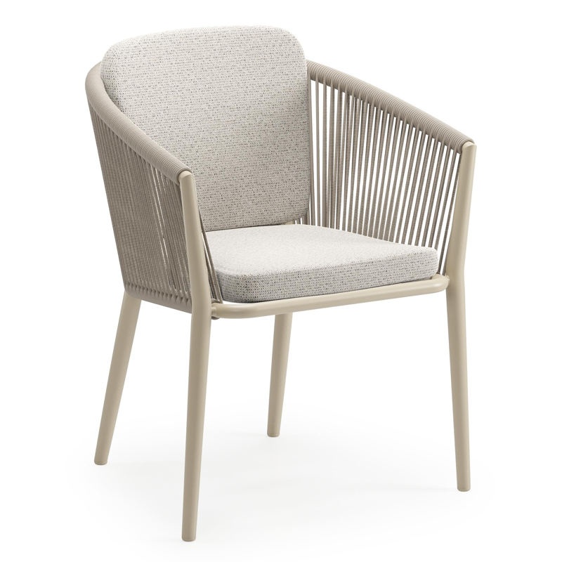 Orso tuinstoel in beige aluminium en beige verticaal geweven ronde rope met zitkussen in All Weather Solica Firenze Natural