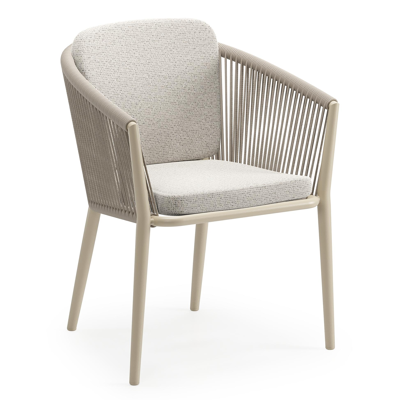 Orso tuinstoel in beige aluminium en beige verticaal geweven ronde rope met zitkussen in All Weather Solica Firenze Natural