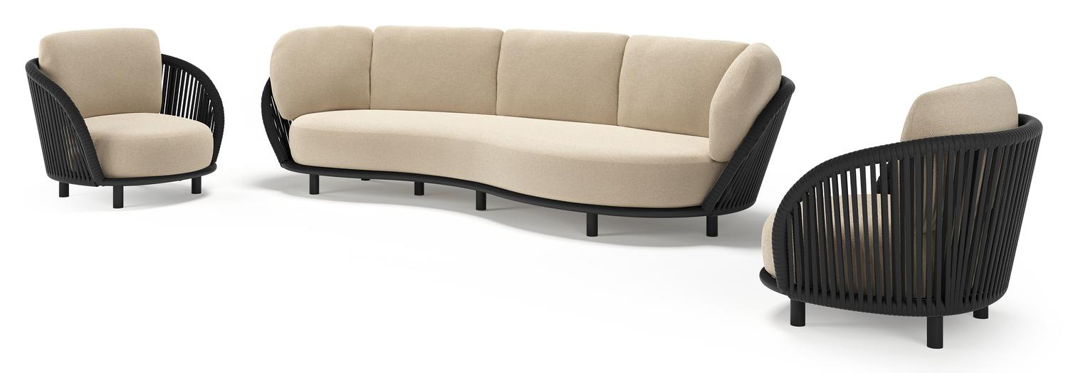 Lupino loungeset in zwart aluminium en zwart verticaal geweven luxe vlakke brede rope met althea chalk all weather cosytica kussen