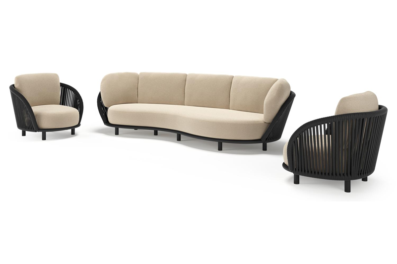 Lupino loungeset in zwart aluminium en zwart verticaal geweven luxe vlakke brede rope met althea chalk all weather cosytica kussen