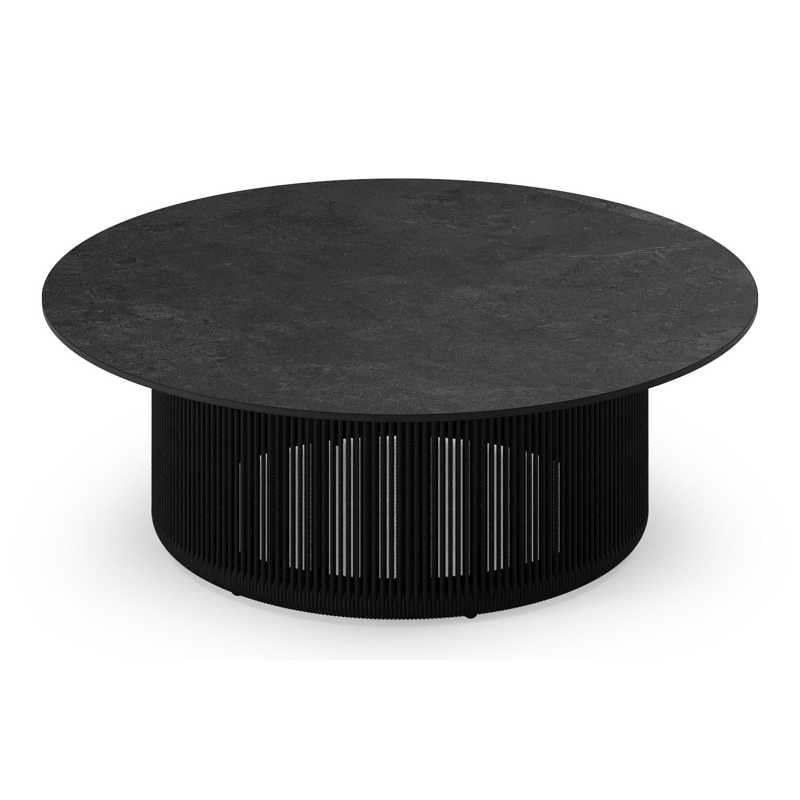 Erla loungetafel in zwart aluminium en zwart verticaal geweven ronde rope met zwart sintered stone - Dia. 90 x H 30 cm