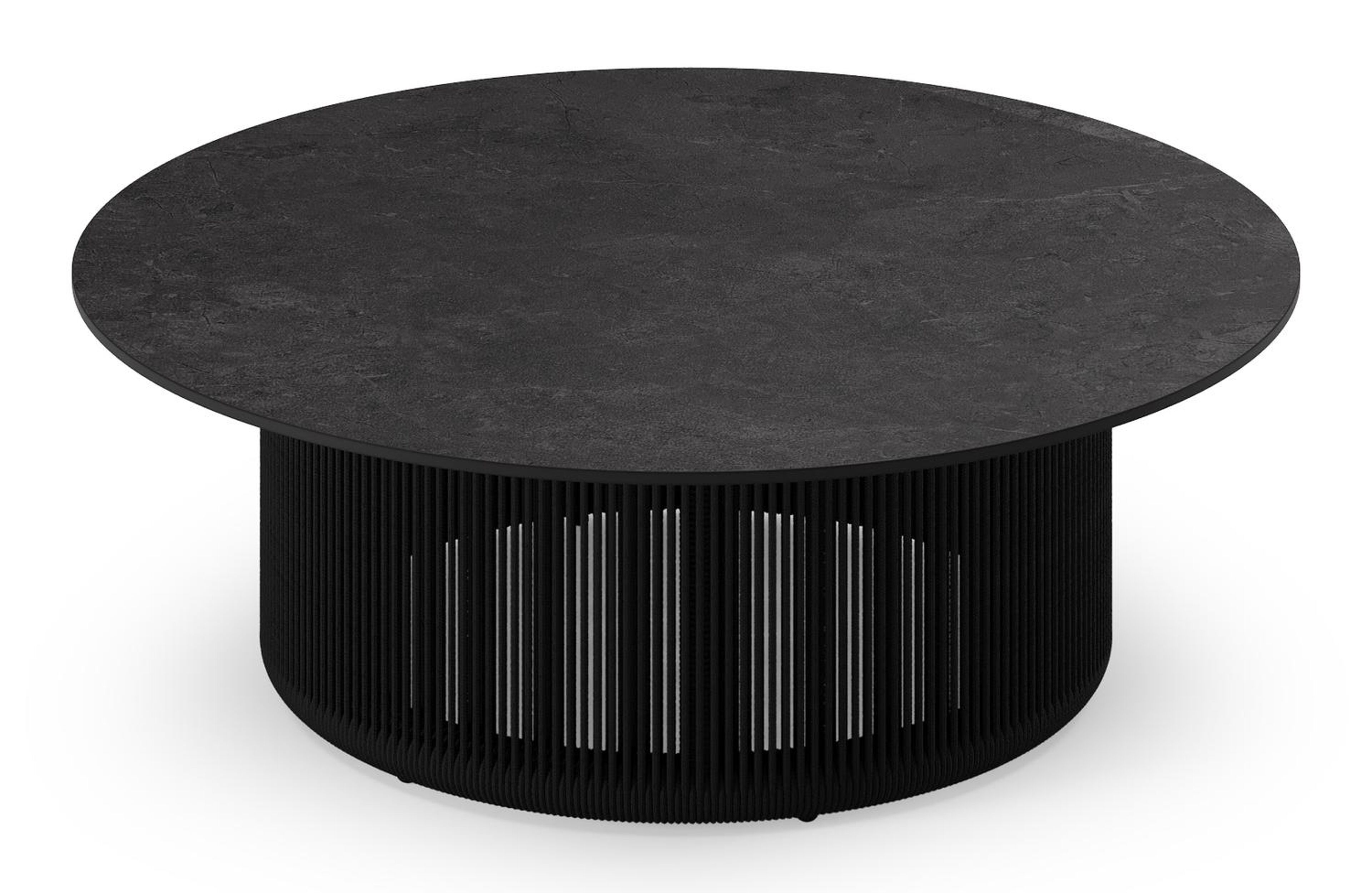 Erla loungetafel in zwart aluminium en zwart verticaal geweven ronde rope met zwart sintered stone - Dia. 90 x H 30 cm