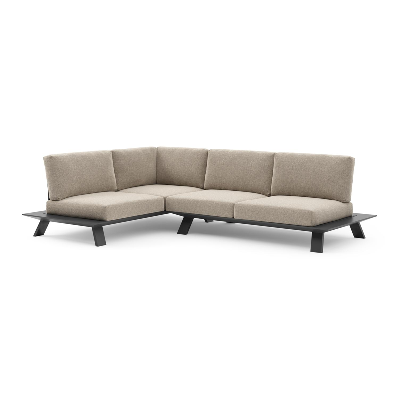 Salon de jardin d'angle Cesano en aluminium noir et coussin en all weather Sunbrella® luxe chartres pewter