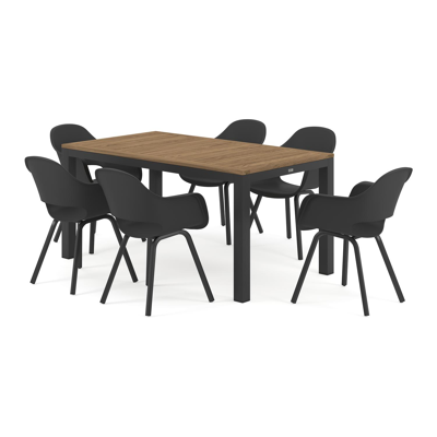 Varese tuinset in zwart aluminium en naturel teak tafelblad met 6 Artena tuinstoelen