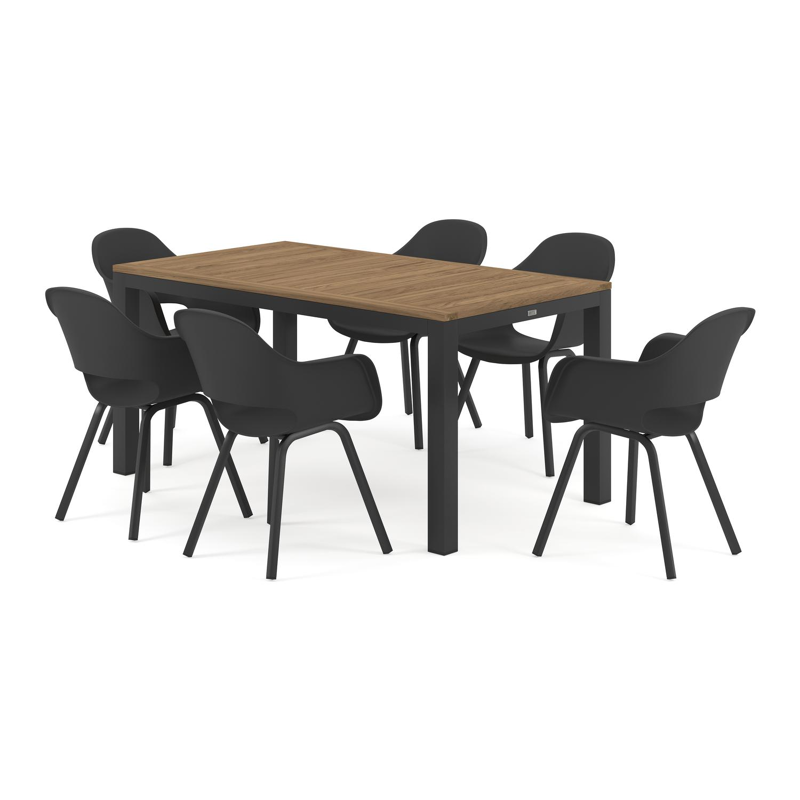 Varese tuinset in zwart aluminium en naturel teak tafelblad met 6 Artena tuinstoelen