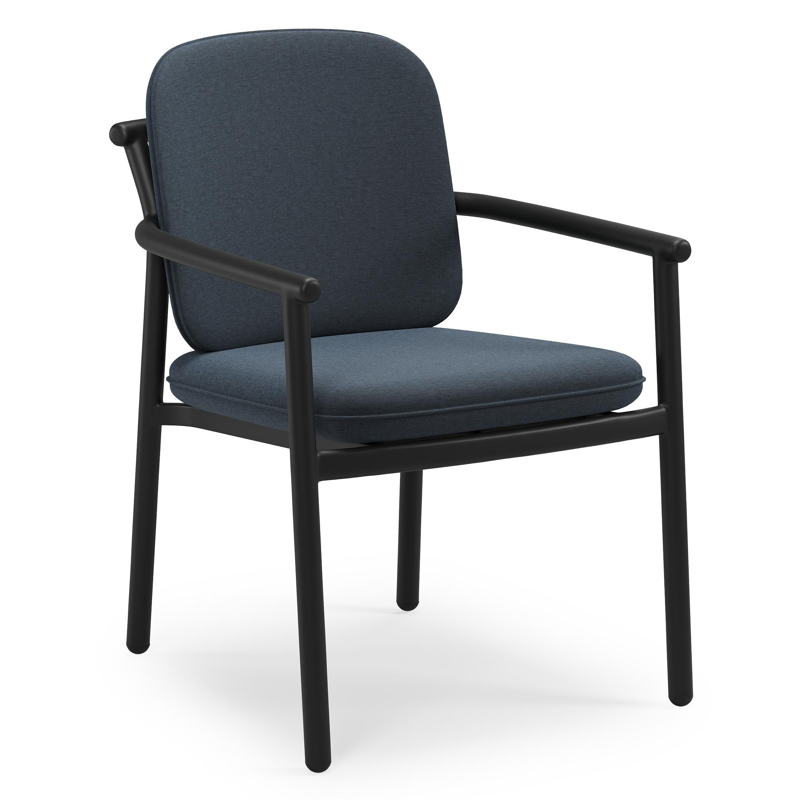 Bono stapelbare tuinstoel in zwart aluminium met stoelkussen in All Weather Sunbrella® Luxe Heritage Indigo