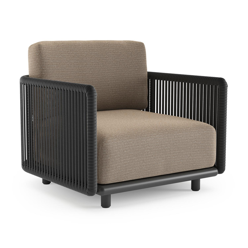 Organo loungestoel in zwart aluminium en zwart verticaal geweven luxe vlakke rope met firenze earth all weather Solica kussen