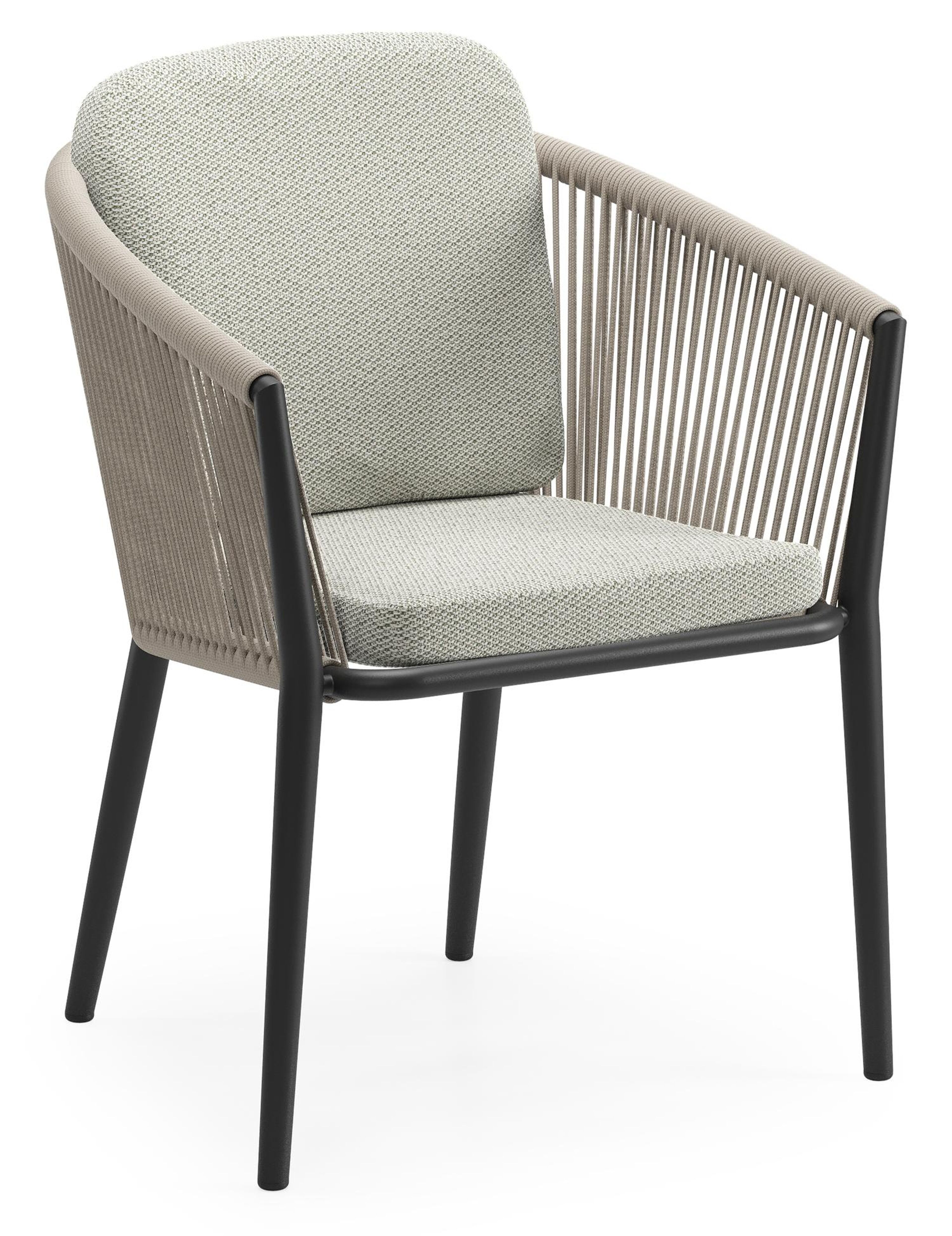 Orso tuinstoel in zwart aluminium en beige verticaal geweven ronde rope met luxe zitkussen in All Weather Sunbrella® Luxe Lopi Bud