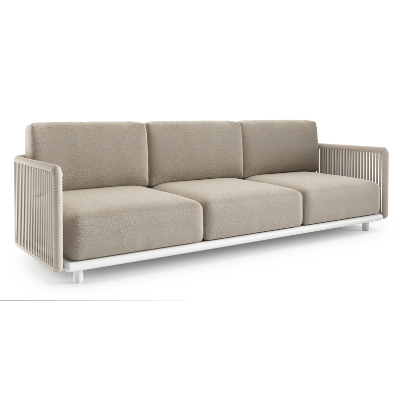 Canapé de jardin Organo en aluminium blanc et corde luxe plate tissée verticalement beige et coussin en all weather Cosytica catania sand