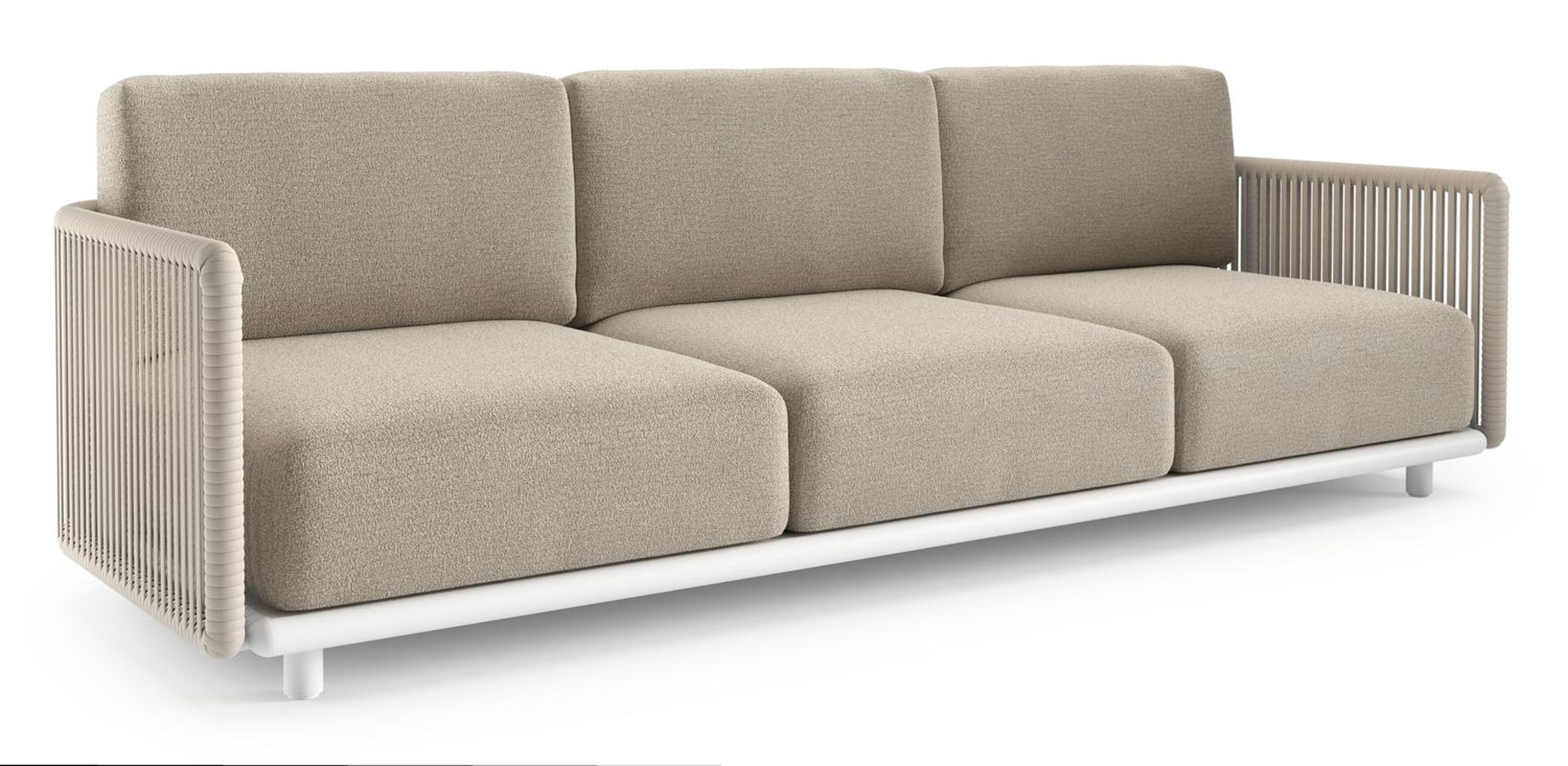Canapé de jardin Organo en aluminium blanc et corde luxe plate tissée verticalement beige et coussin en all weather Cosytica catania sand