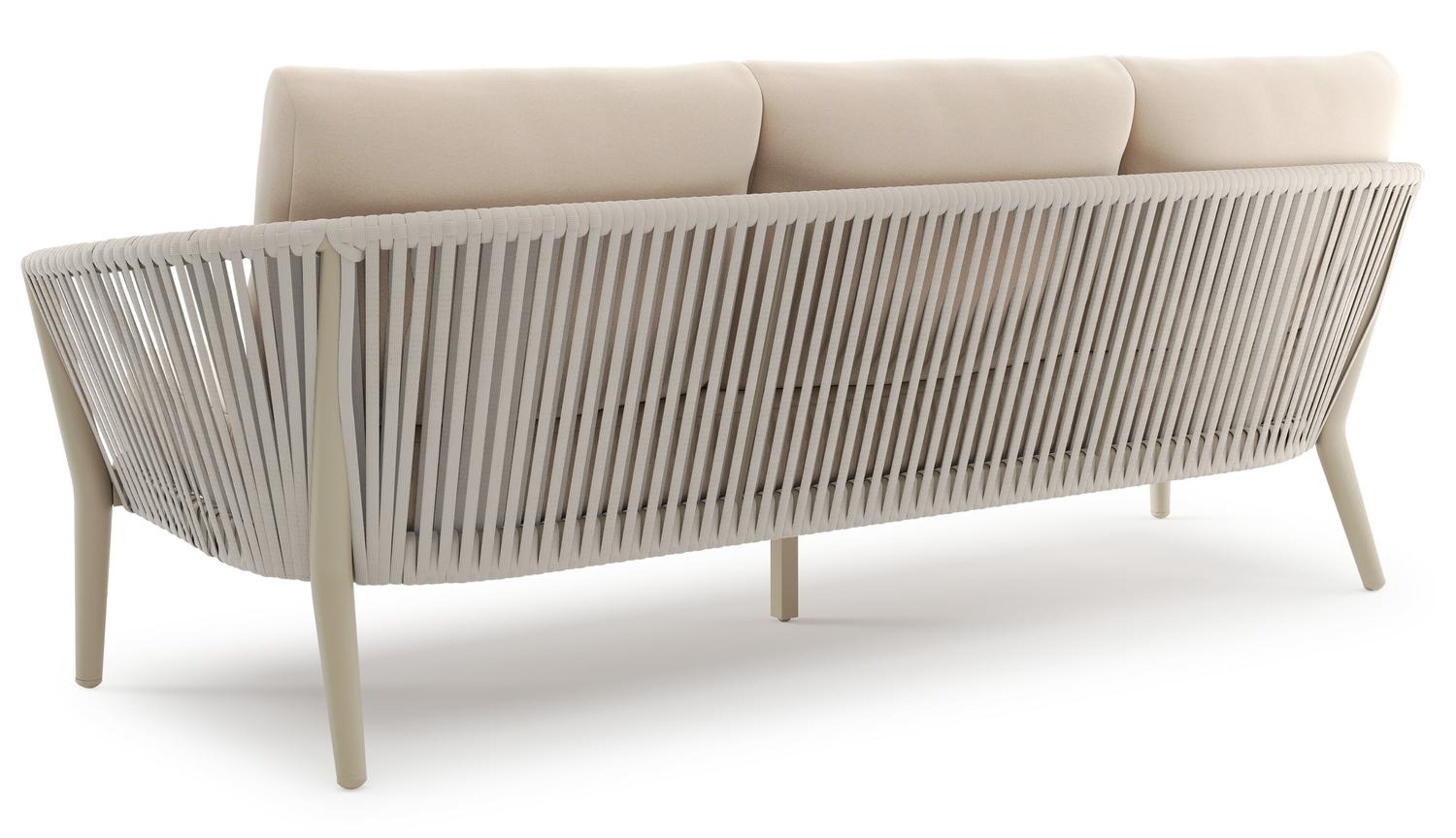 Orso loungeset in beige aluminium en beige verticaal geweven luxe vlakke rope met Natte Linen Chalk all weather sunbrella® luxe kussen