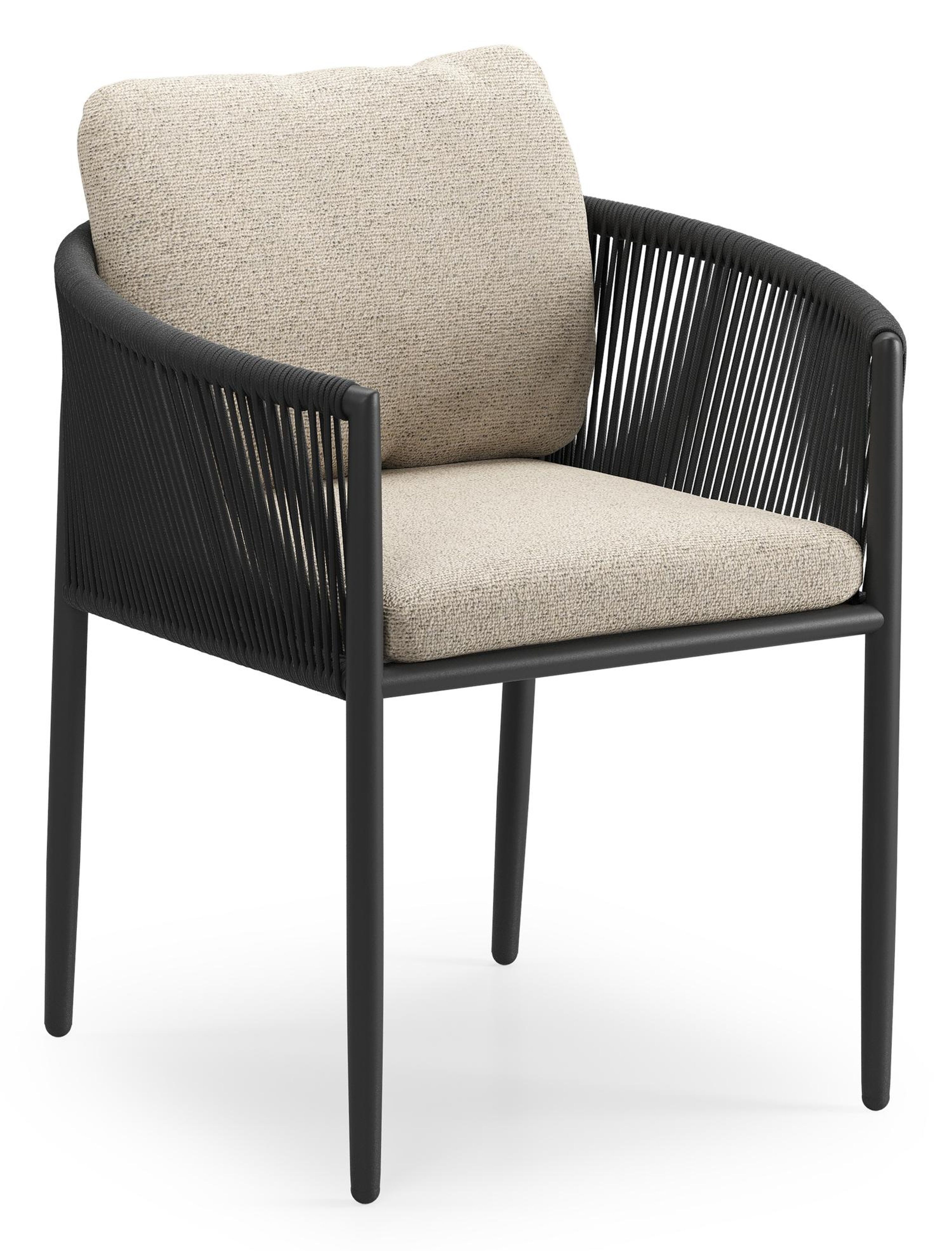 Organo tuinstoel in beige aluminium en beige verticaal geweven ronde rope met stoelkussen in All Weather Cosytica Marbella Beige