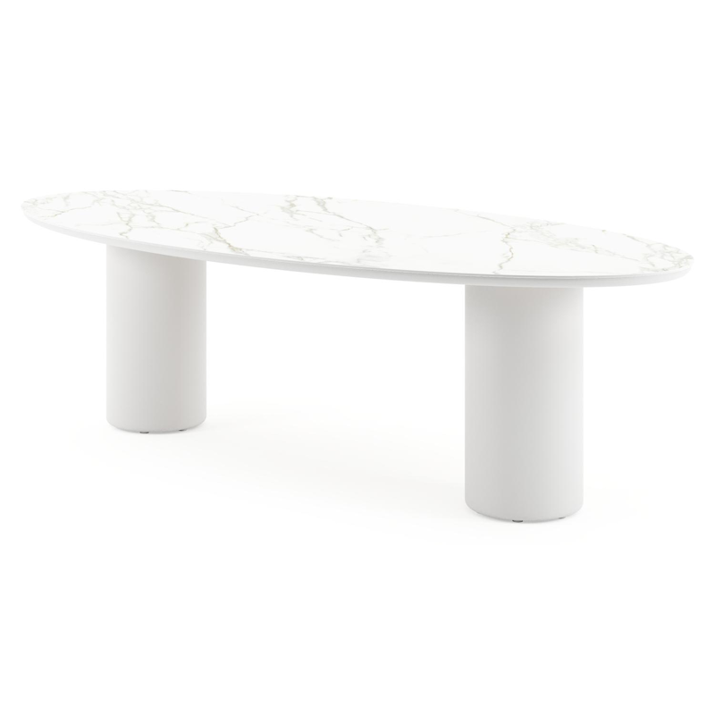 Table de jardin Amico oval en aluminium blanc et céramique pleine Calacatta - Lg. 260 x Lrg. 125 x Haut. 74 cm