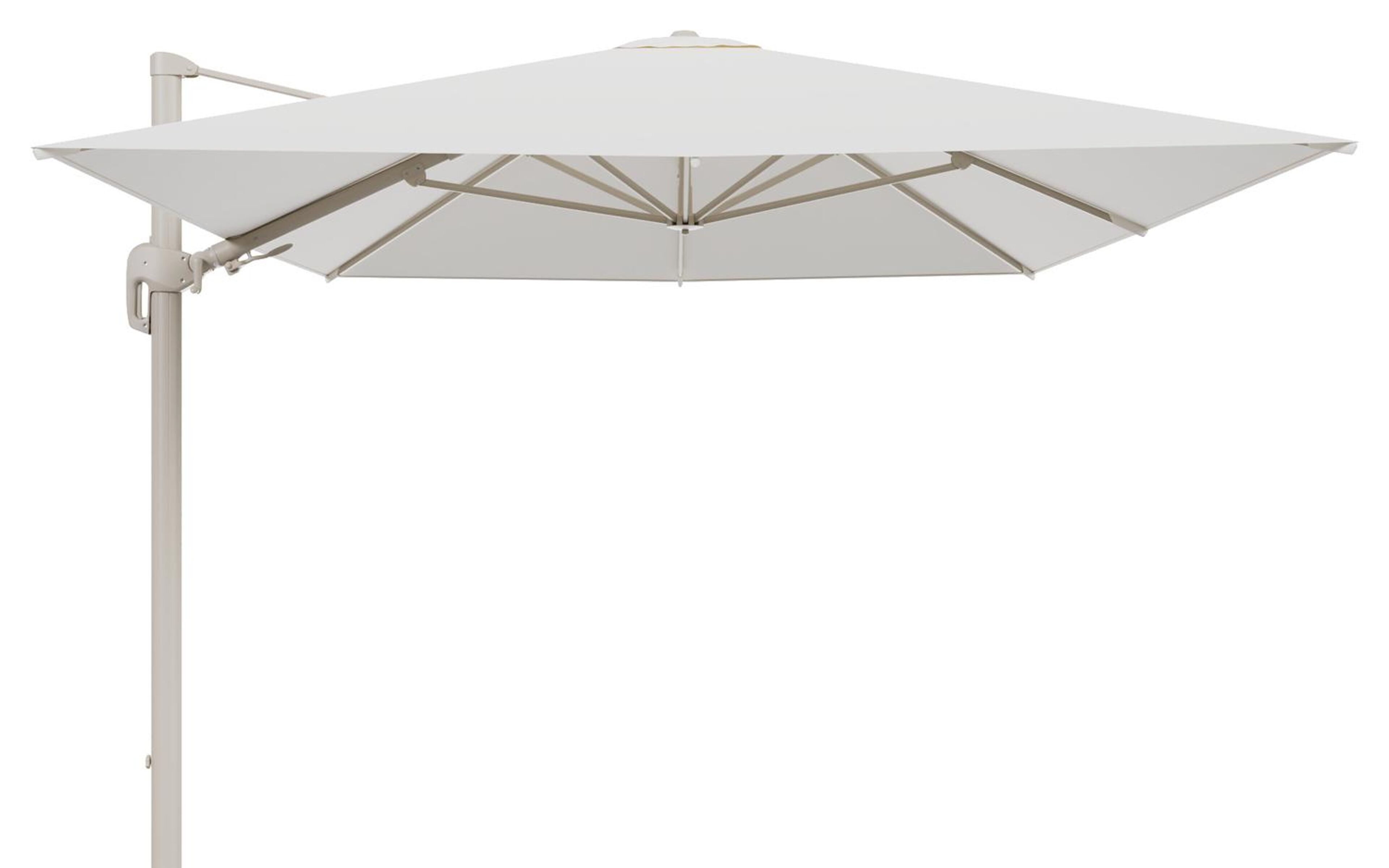 Parasol pendant Rufina avec fonction tilt en aluminium beige et toile de parasol en All Weather Sunbrella® Luxe Natte White - Lg.1 400 x Lg.2 300 cm (sans pied de parasol