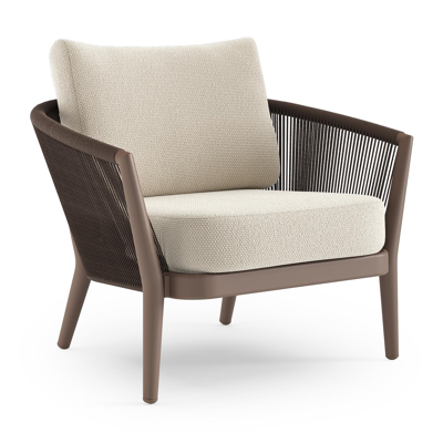 Fauteuil de jardin Orso en aluminium taupe en corde ronde tissée verticalement noir et coussins en all weather cosytica Althea Off White