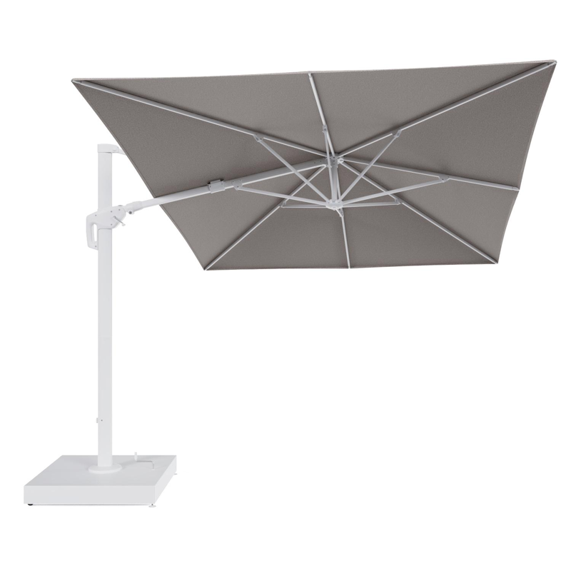 Minore zweefparasol met tiltfunctie in wit aluminium en Wander Granite All Weather Sunbrella® Luxe parasoldoek - L1 400 x L2 300 cm met parasolvoet Minore 260 kg met wielen
