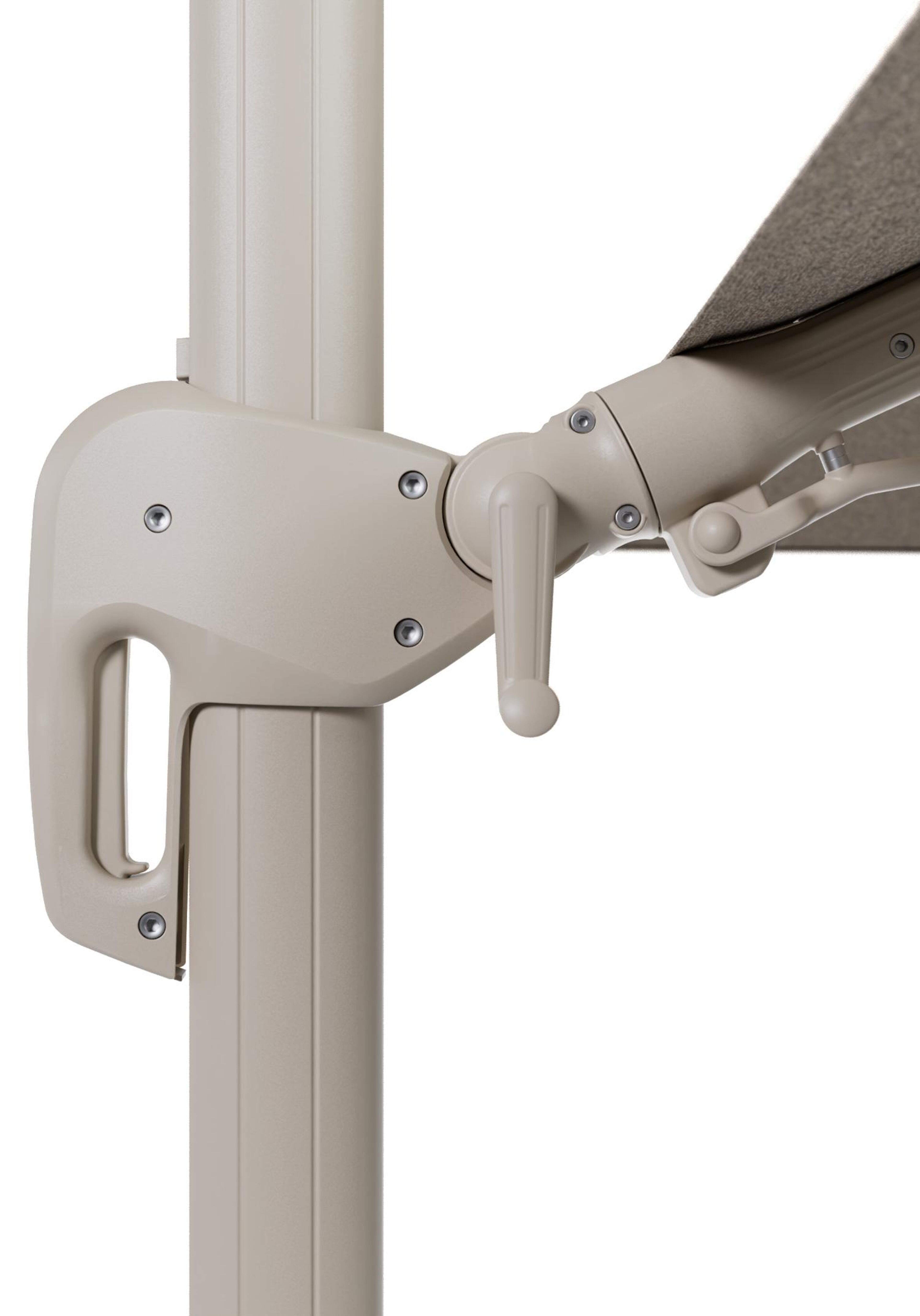 Rufina zweefparasol met tiltfunctie in beige aluminium en Chartres Pewter All Weather Sunbrella® Luxe parasoldoek - L1 400 x L2 300 cm met parasolvoet Minore 150 kg met wielen