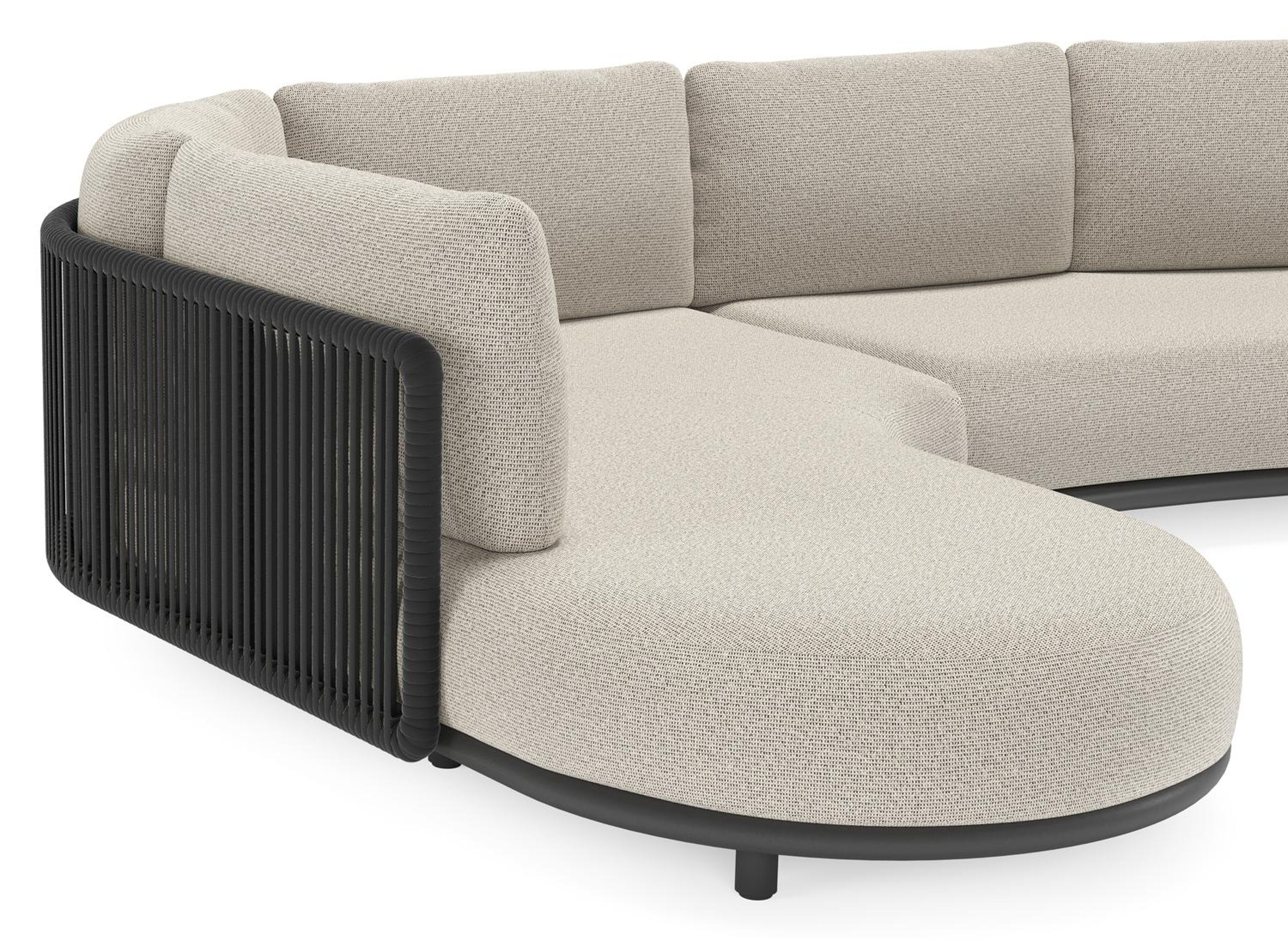 Salon de jardin d'angle Lomano en aluminium noir et corde luxe plate tissée verticalement noir et coussins en all weather solica firenze sand