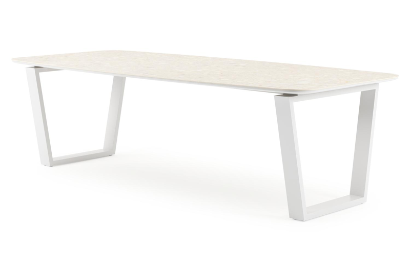 Pagino tuintafel bootvorm in wit aluminium en volkeramiek retrostone - L 255 x B 115 x H 73 cm