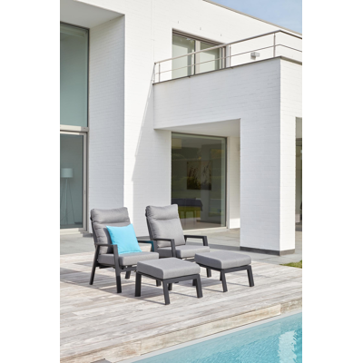 Mismo loungeset met verstelbare rugleuning in antraciet aluminium met grijs polyester kussens en loungetafel