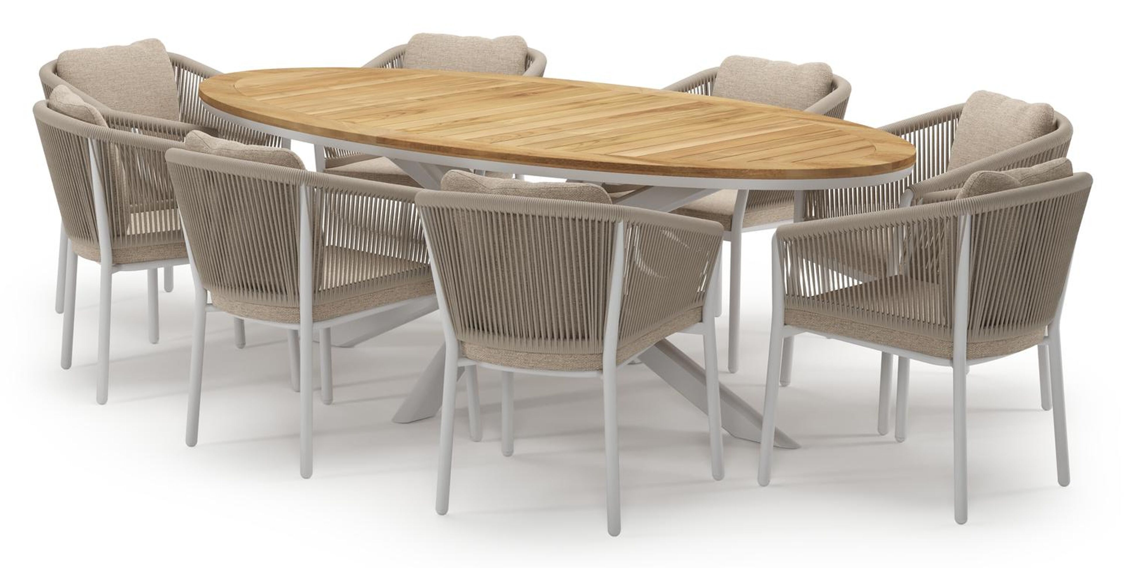 Pamplona tuinset in wit aluminium en teak met 8 Gerona tuinstoelen