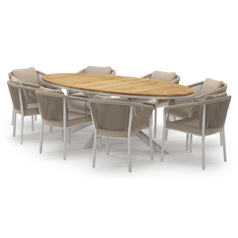 Pamplona tuinset in wit aluminium en teak met 8 Gerona tuinstoelen