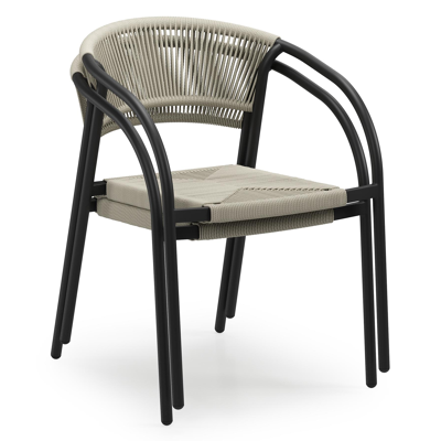 Melo stapelbare tuinstoel in zwart aluminium en beige gedraaide ronde wicker