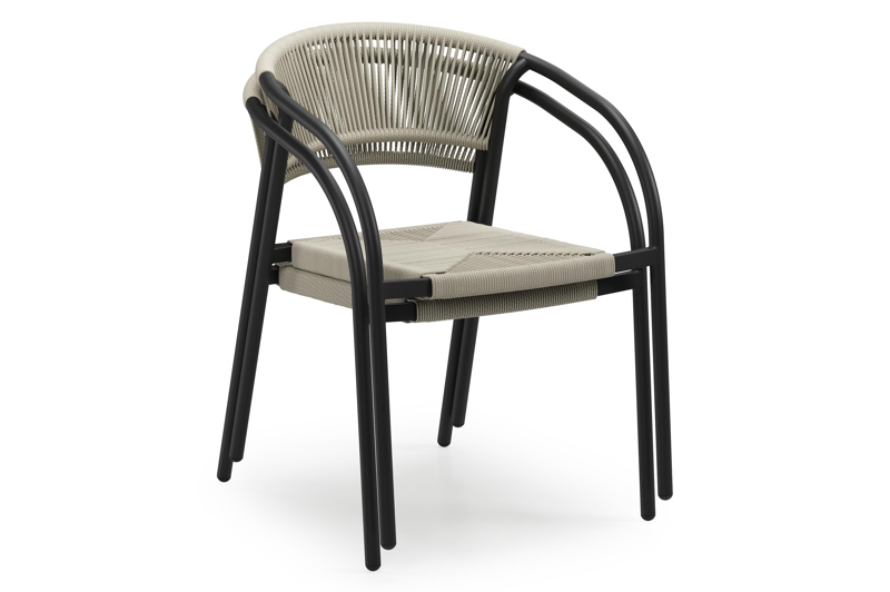 Melo stapelbare tuinstoel in zwart aluminium en beige gedraaide ronde wicker