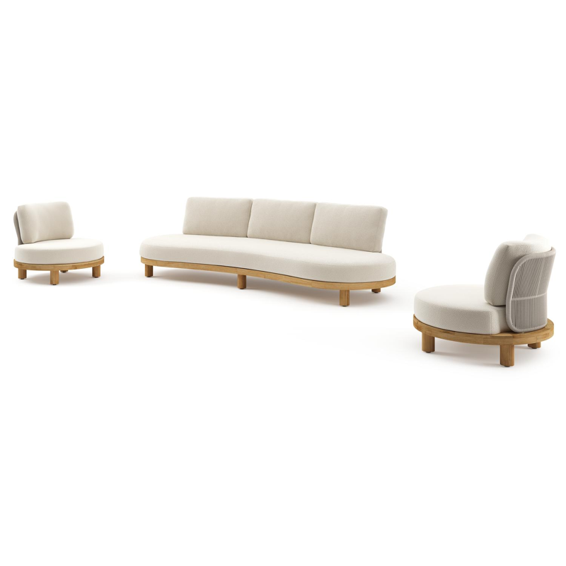 Donato loungeset in teak en beige verticaal geweven ronde rope met all weather cosytica Althea Off White kussen