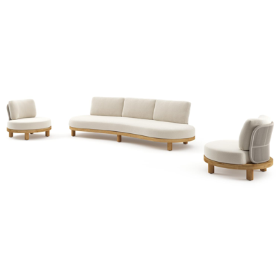 Salon de jardin Donato en teck et corde ronde tissée verticalement beige et coussins en all weather cosytica Althea Off White