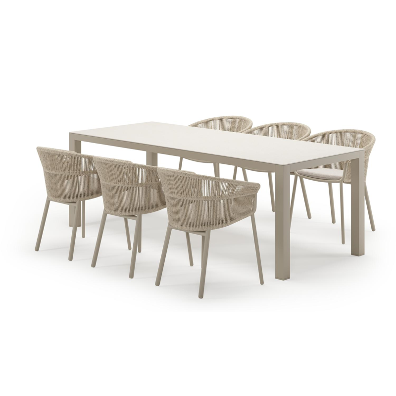 Varese rechthoekige tuinset in beige aluminium en sintered stone crema minerale met 6 Matera tuinstoelen