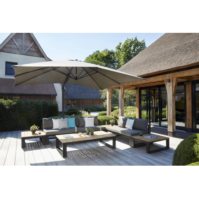 Parasol pendant Rufina en aluminium noir avec toile de parasol en all weather sunbrella® luxe natte dark taupe - Larg1 400 x Larg2 300 cm (sans pied de parasol)