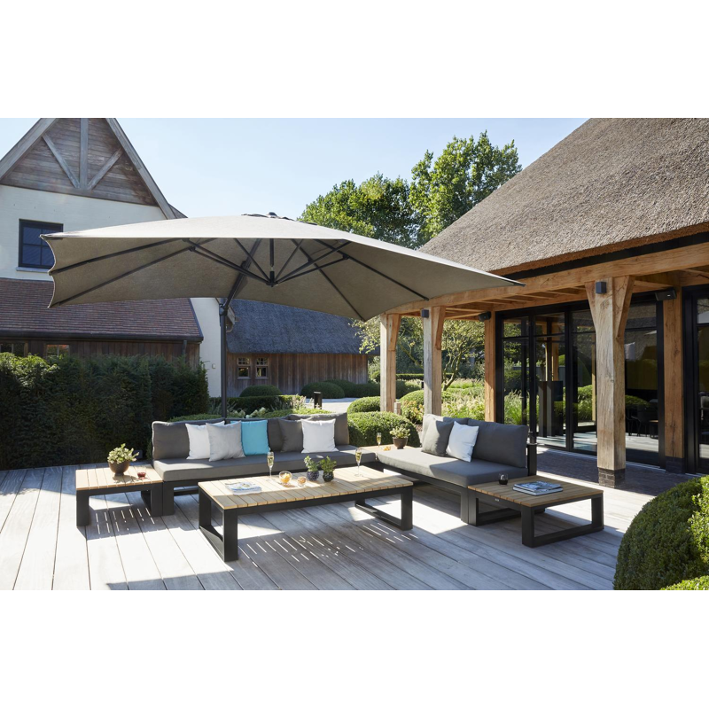 Rufina zweefparasol in zwart aluminium met natte dark taupe all weather sunbrella® luxe parasoldoek - L1: 300 x L2: 400 cm (zonder voet)