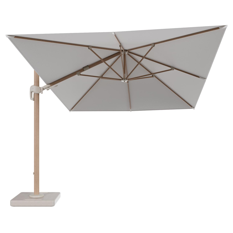 Rufina zweefparasol tiltfunctie in houtlook aluminium en parasoldoek in All Weather Solica Soul Optik - L1 400 x L2 300 cm met parasolvoet Lapido 160 kg
