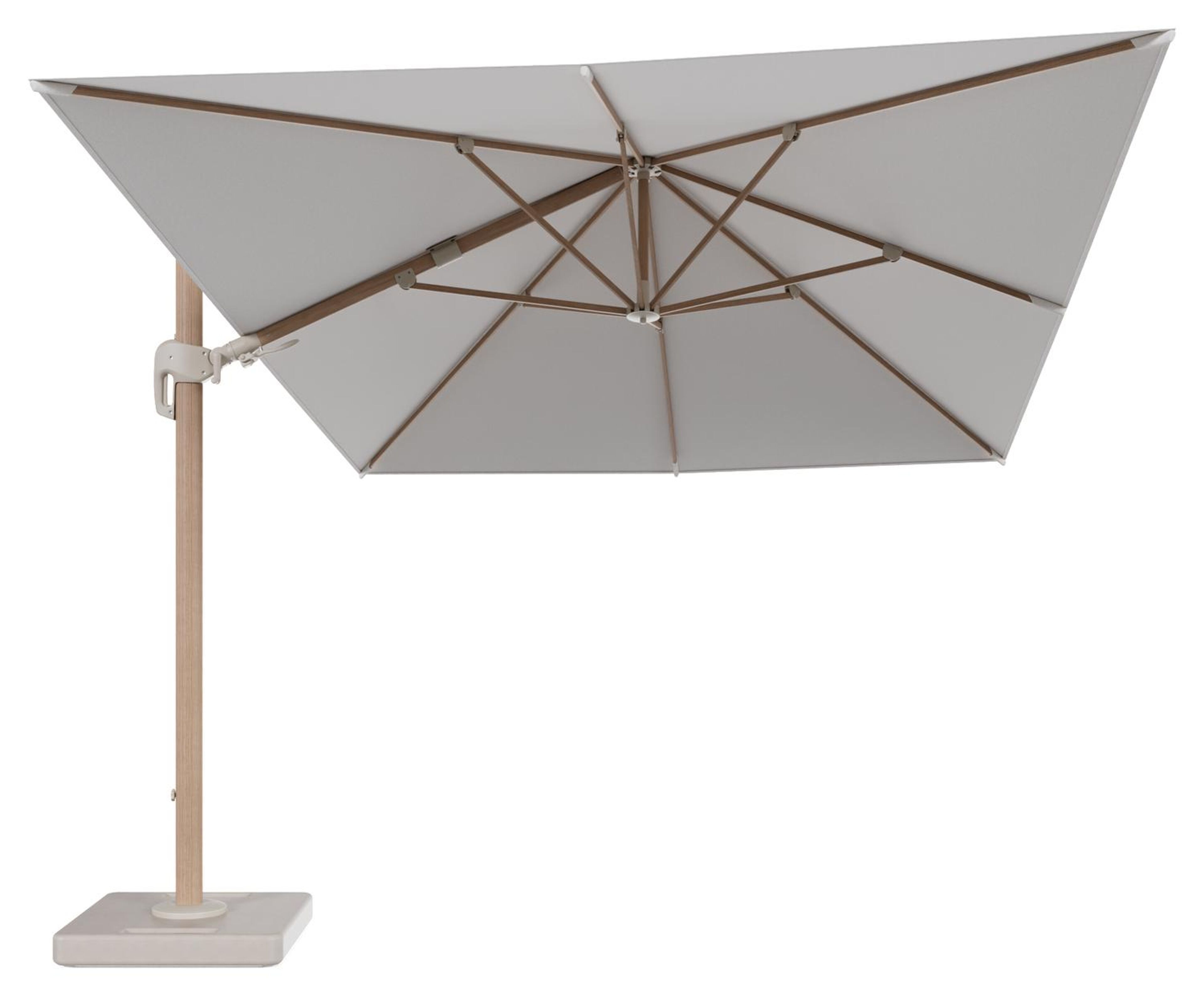 Rufina zweefparasol tiltfunctie in houtlook aluminium en parasoldoek in All Weather Solica Soul Optik - L1 400 x L2 300 cm met parasolvoet Lapido 160 kg