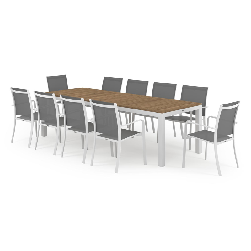 Varese tuinset in wit aluminium en teak naturel tafelblad met 8 stapelbare Calobra tuinstoelen