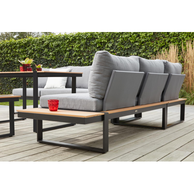 Merida loungehoek in zwart aluminium en polywood met grijs polyester kussen en loungetafel