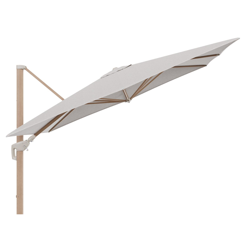 Minore zweefparasol met tiltfunctie in houtlook aluminium en Tundra Sand All Weather Sunbrella® Luxe parasoldoek - L1 280 x L2 370 cm (zonder voet)