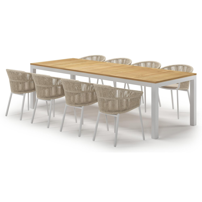 Varese tuinset in wit aluminium en teak met 8 Matera tuinstoelen