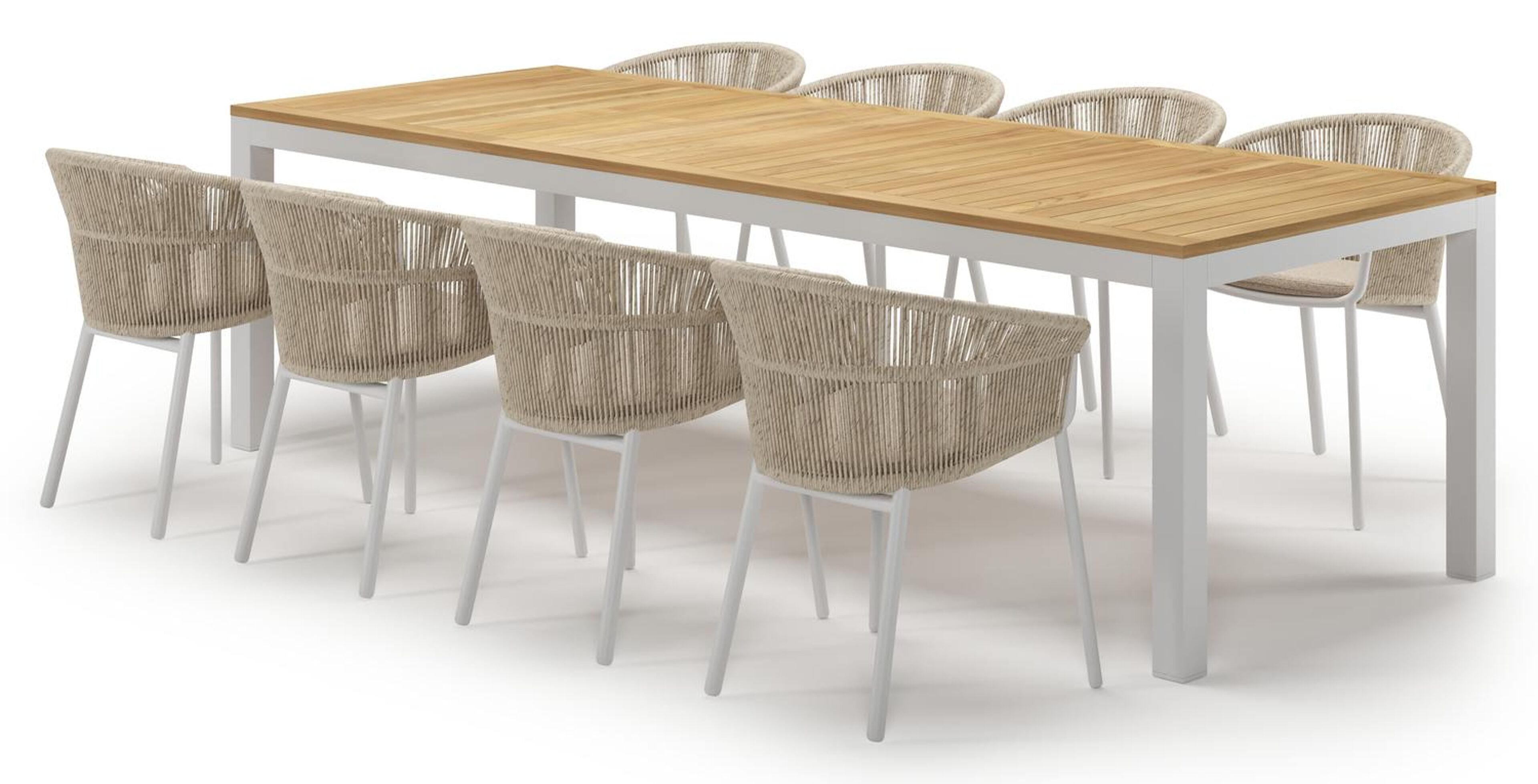 Varese tuinset in wit aluminium en teak met 8 Matera tuinstoelen