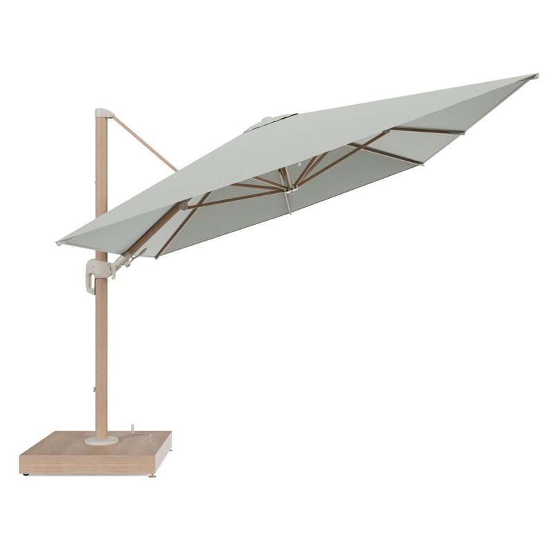 Rufina zweefparasol met tiltfunctie in houtlook aluminium en Slow Spirea All Weather Sunbrella® Luxe parasoldoek - L1 400 x L2 300 cm met parasolvoet Minore 260 kg met wielen