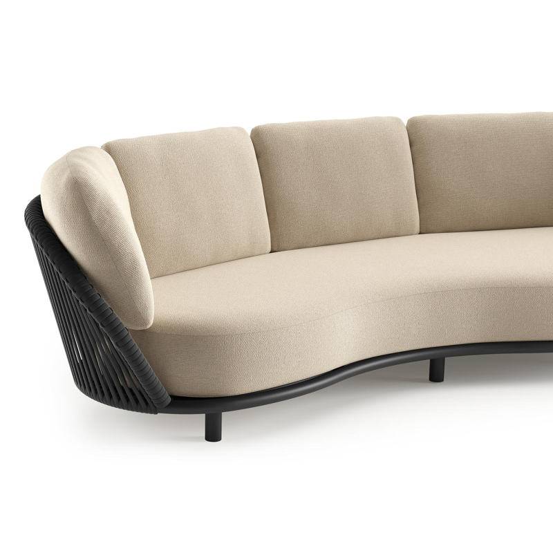 Lupino loungeset in zwart aluminium en zwart verticaal geweven luxe vlakke brede rope met althea chalk all weather cosytica kussen