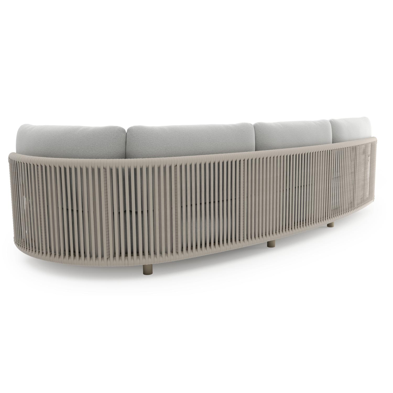 Canapé de jardin Lomano en aluminium beige et corde luxe plate tissée verticalement beige et coussins en all weather sunbrella® luxe natte grey chine
