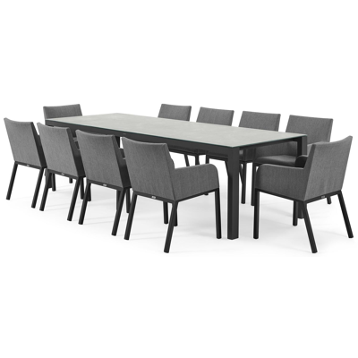 Varese tuinset in zwart aluminium en grijs keramisch glas tafelblad met 10 Rivo tuinstoelen