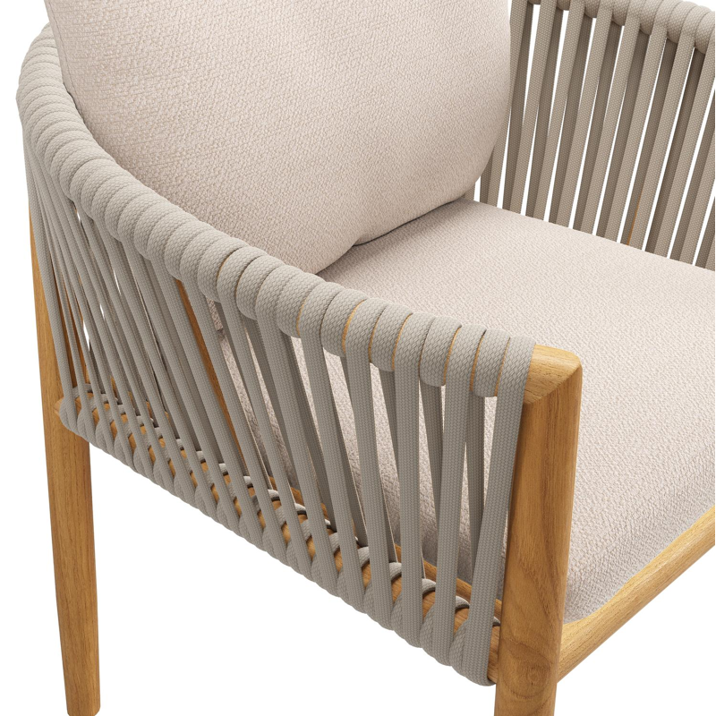 Organo tuinstoel in teak en beige verticaal geweven luxe vlakke rope met zitkussen in All Weather Sunbrella® Luxe Wander Pilat